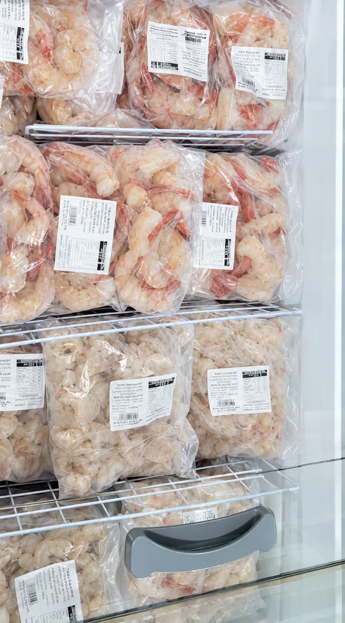 Pacotes de camarão rosa no freezer da loja